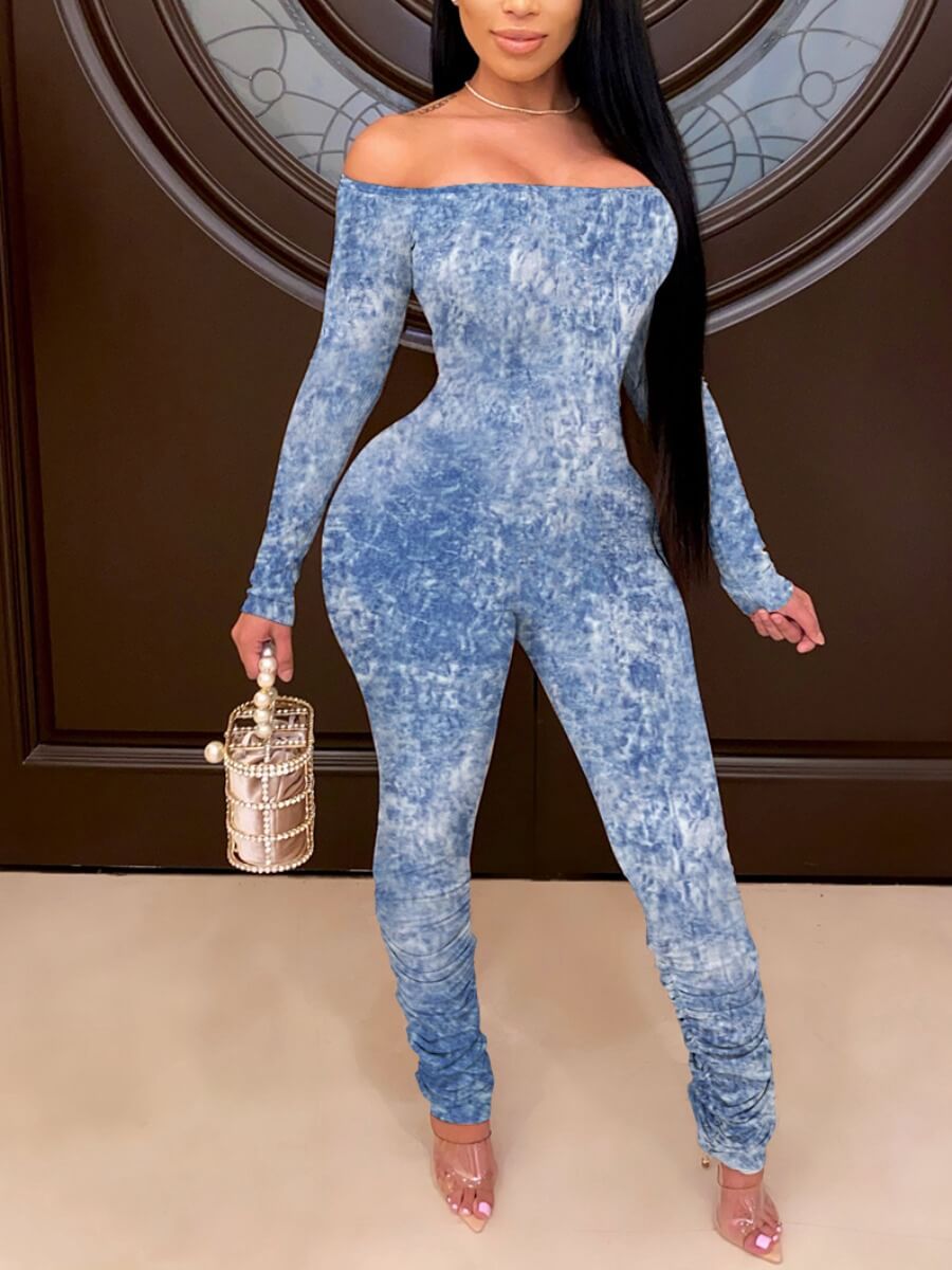 

Lovely Casual Off The Shoulder Tie-dye Blue One-piece Jumpsuit