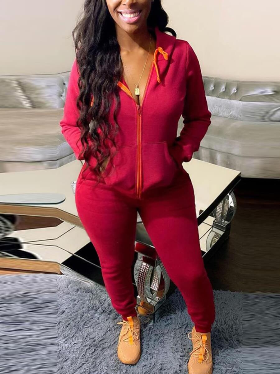 

Lovely Sportswear Hooded Collar Kangaroo Pocket Purplish Red Plus Size Two-piece Pants Set