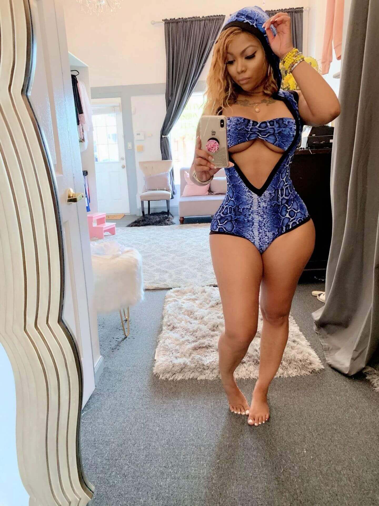 

Lovely Chic Hooded Collar Animal Print Hollow-out Blue One-piece Swimsuit
