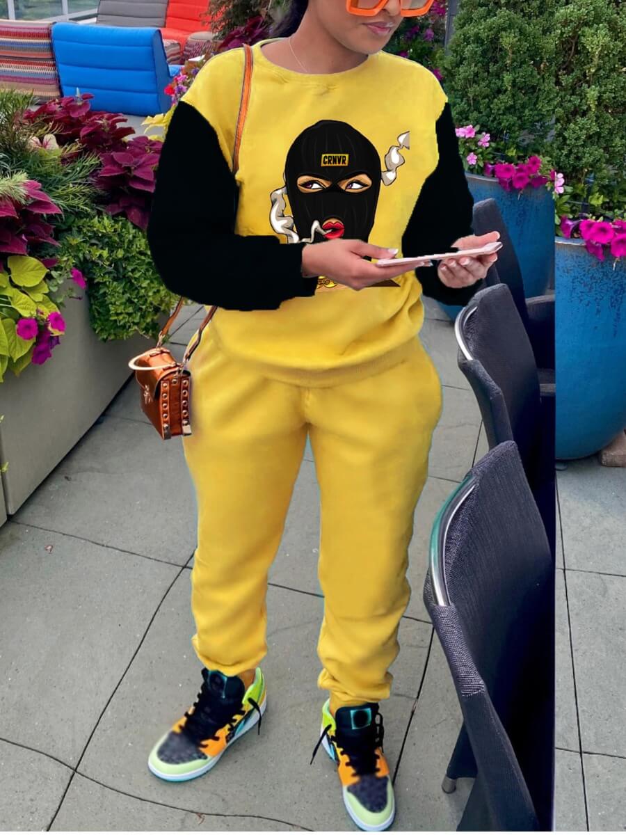 

Lovely Street Masked Face Print Color-lump Patchwork Yellow Two Piece Pants Set
