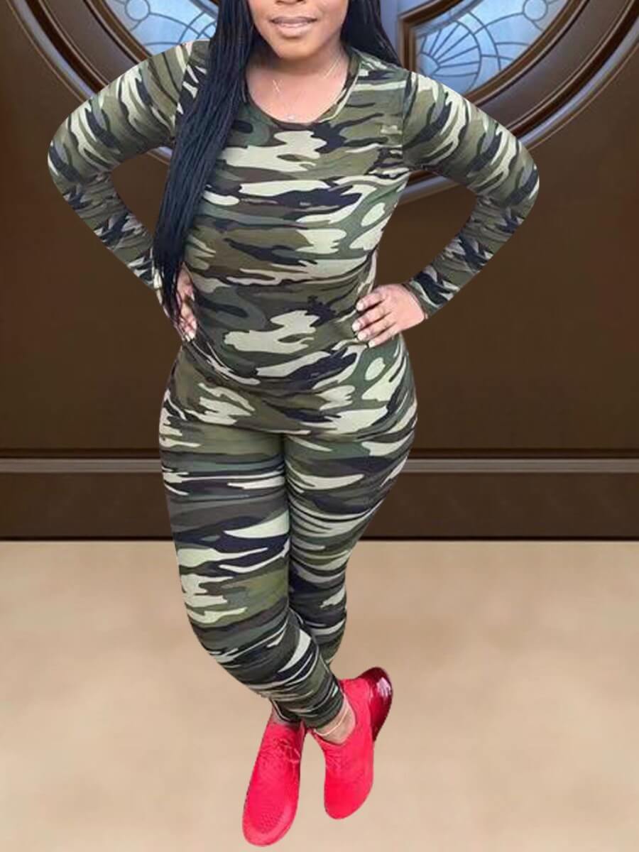 

Lovely Casual O Neck Camo Print Two Piece Pants Set