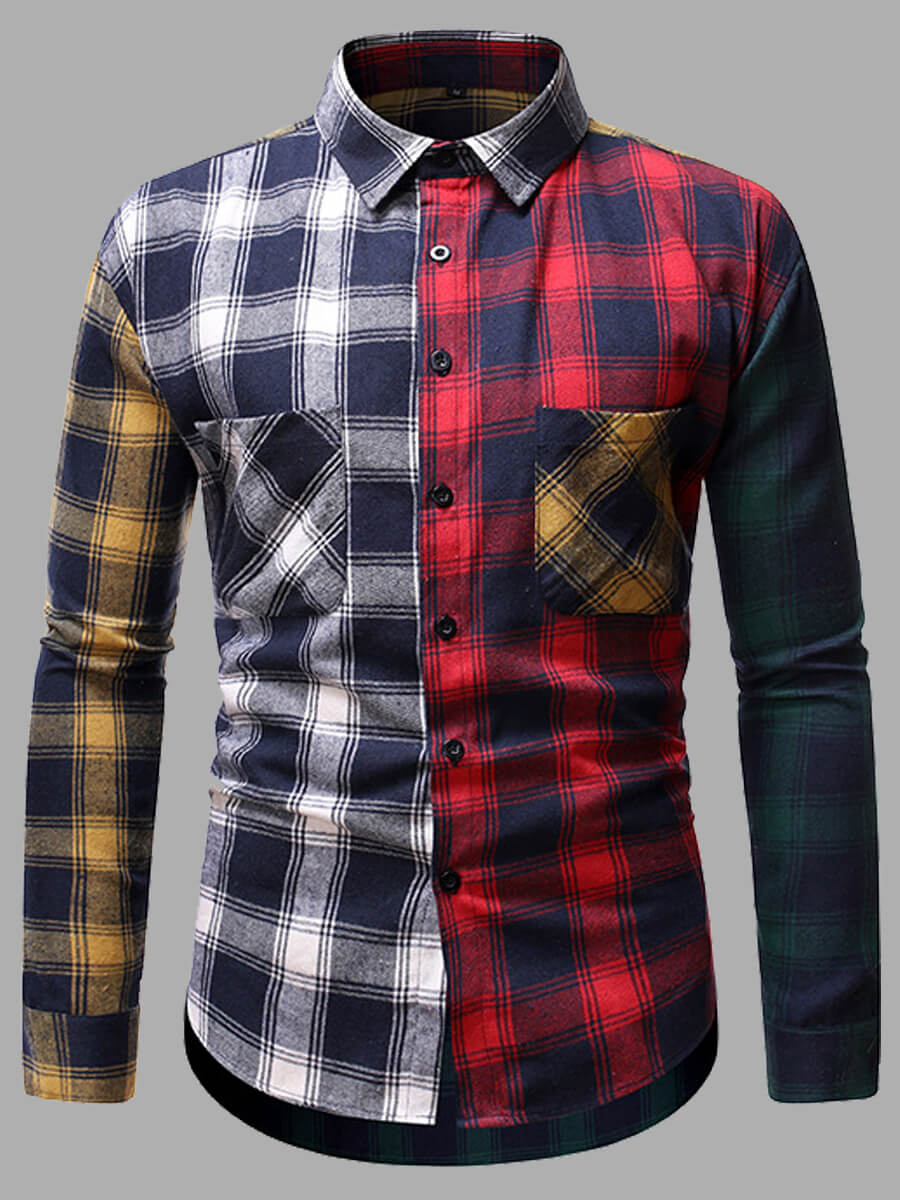 

Lovely Formal Plaid Print Patchwork Red Men Shirt