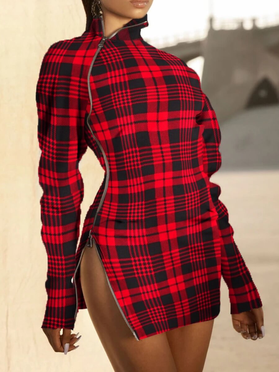 

Lovely Trendy Plaid Print Zipper Design Red Mini Dress