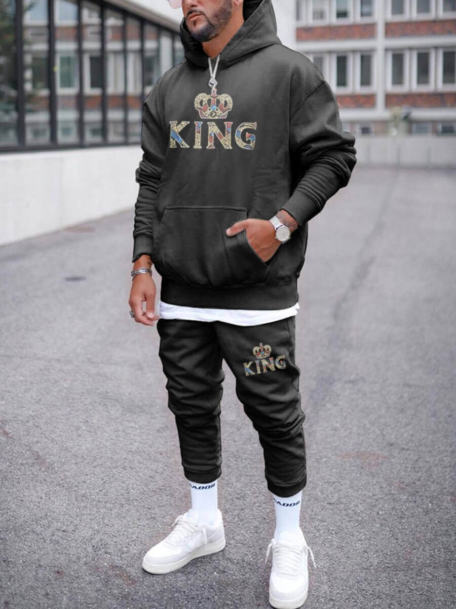 

LW Men Street Letter Print Kangaroo Pocket Black Two Piece Pants Set
