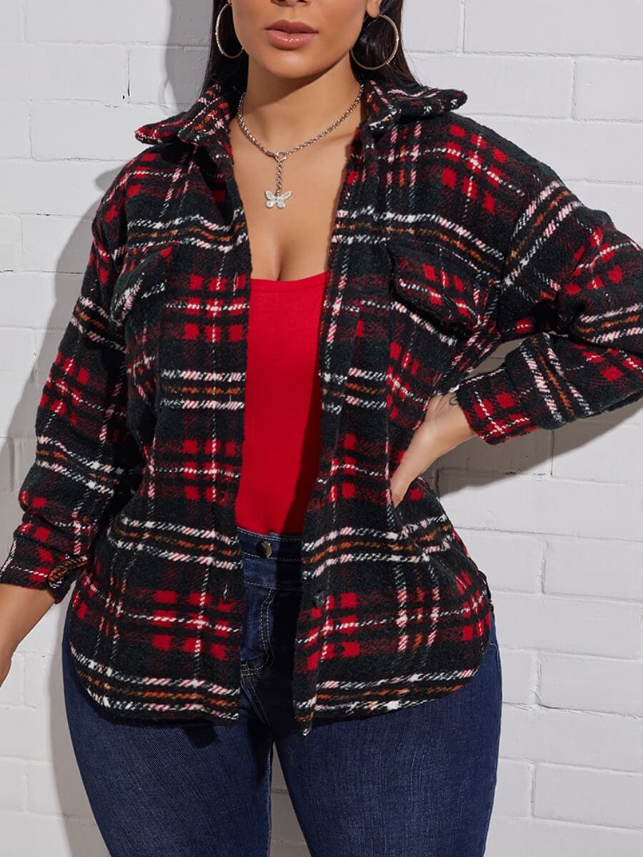 

Lovely Casual Turndown Collar Plaid Print Red Coat