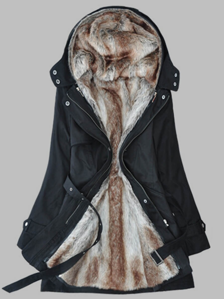 

Lovely Casual Hooded Collar Belt Design Black Coat