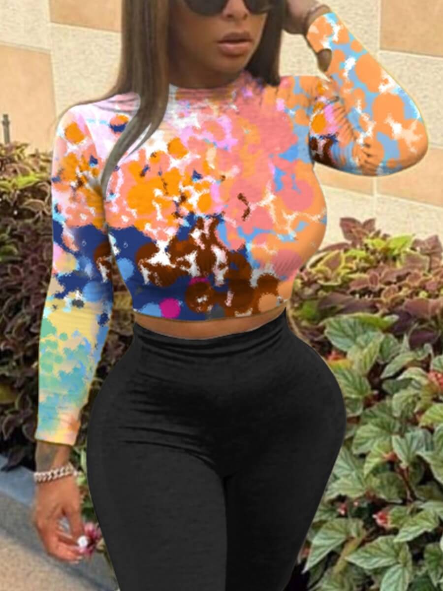 

Lovely Casual Half A Turtleneck Tie-dye Print Multicolor T-shirt, Multi