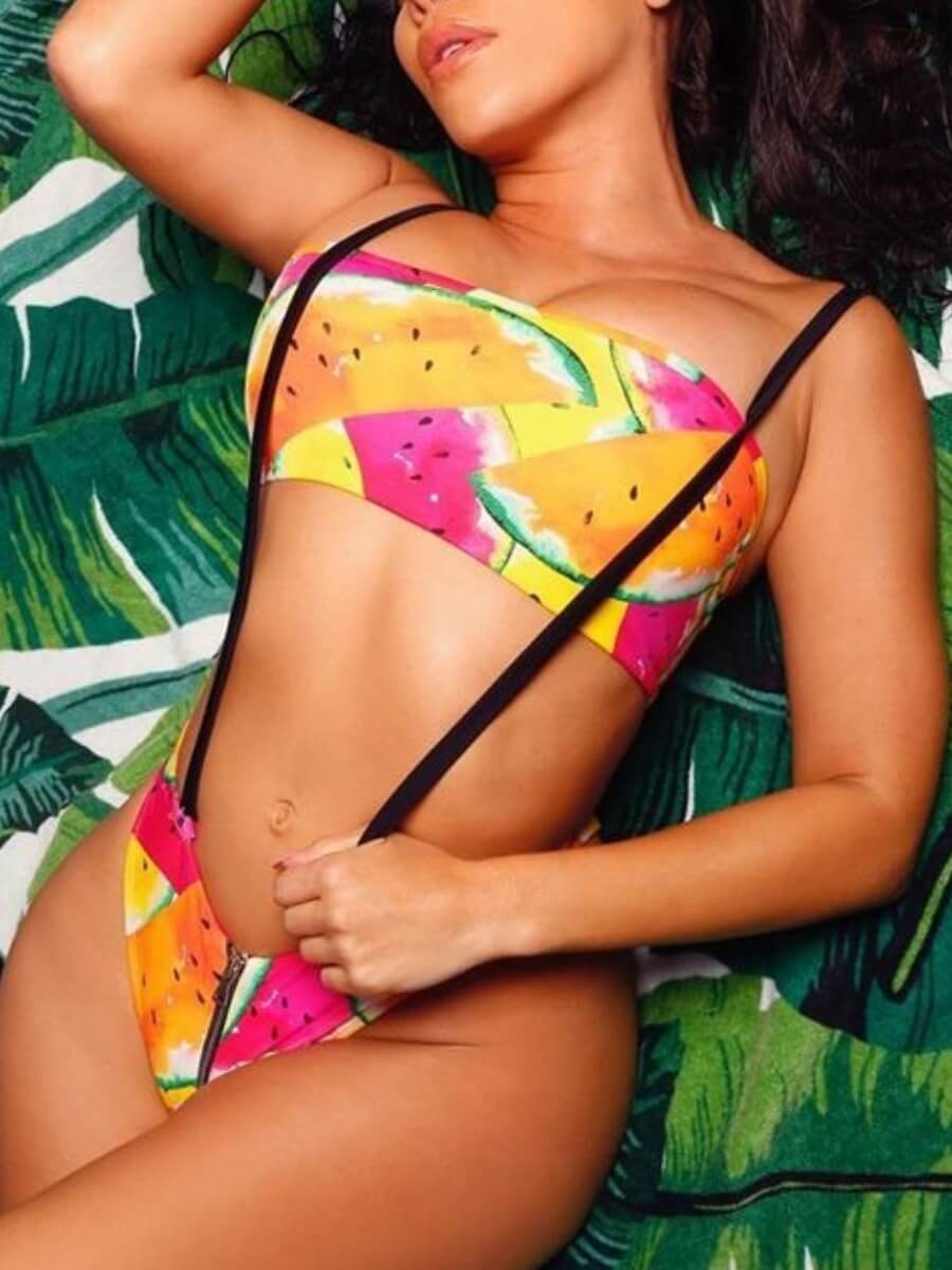 

Lovely Trendy Watermelon Print Suspender Yellow Tankini
