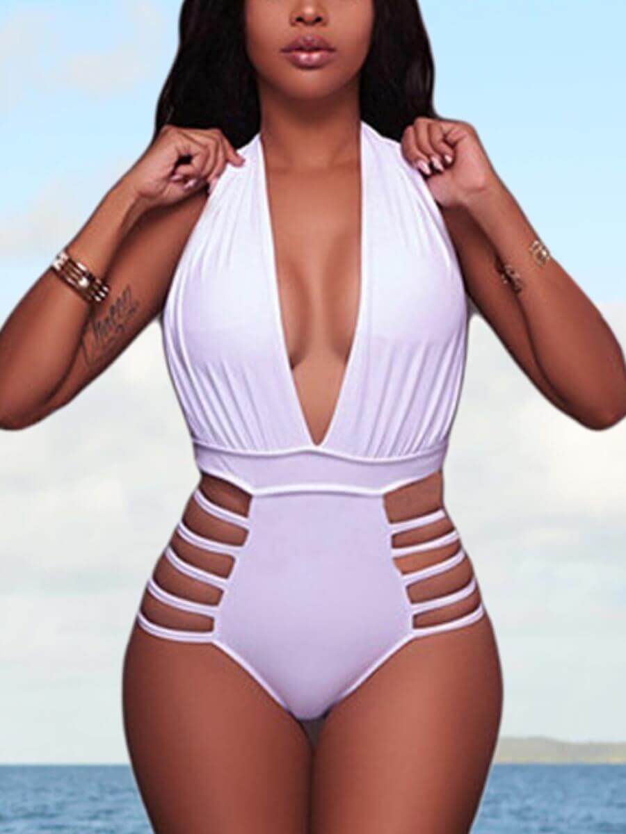 

Lovely Casual Deep V Neck Hollow-out White One-piece Swimsuit