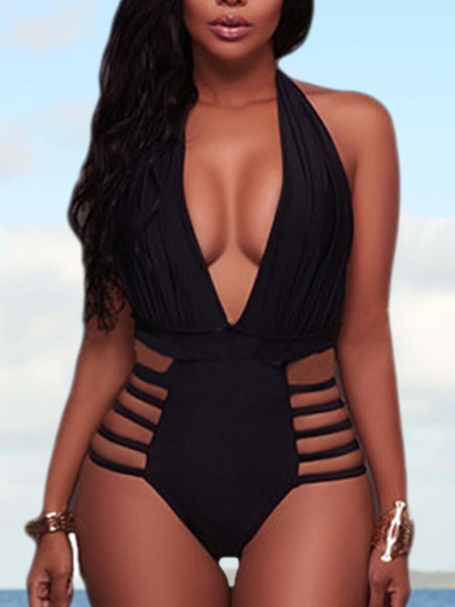 

Lovely Casual Deep V Neck Hollow-out Black One-piece Swimsuit