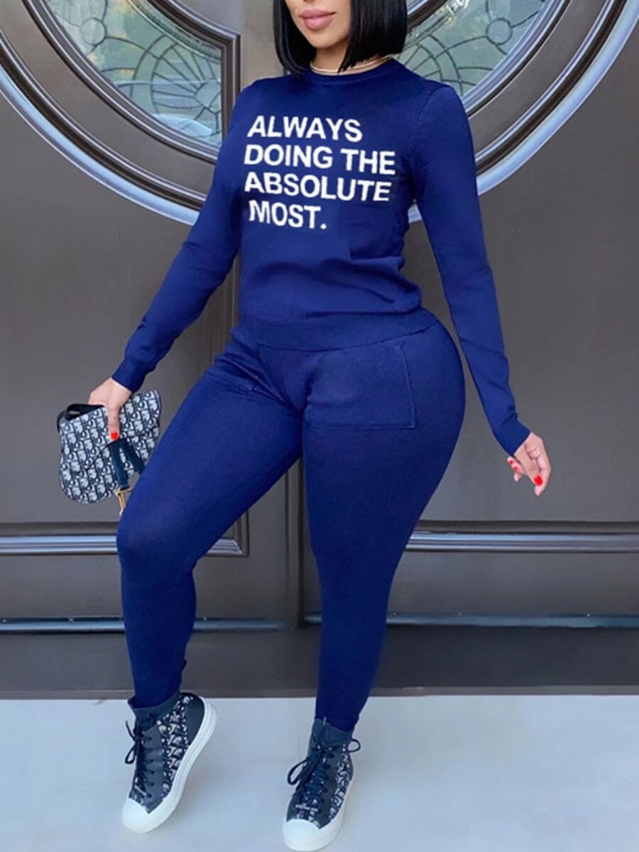 

Lovely Trendy O Neck Letter Print Blue Plus Size Two-piece Pants Set
