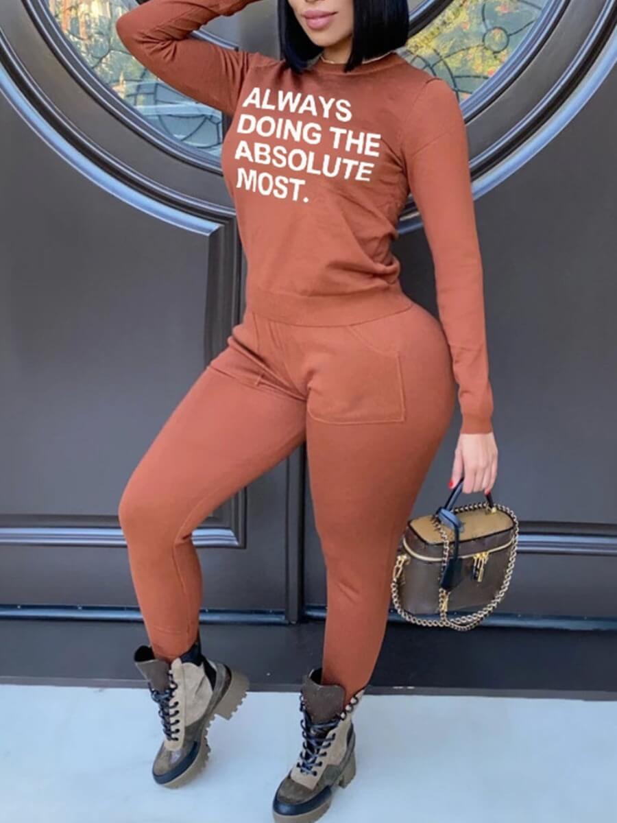 

Lovely Trendy O Neck Letter Print Light Tan Plus Size Two-piece Pants Set