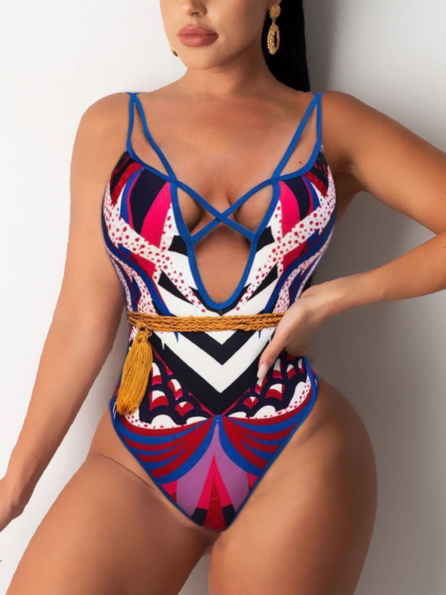 

Lovely Trendy Hollow-out Print Patchwork Rose Red One-piece Swimsuit