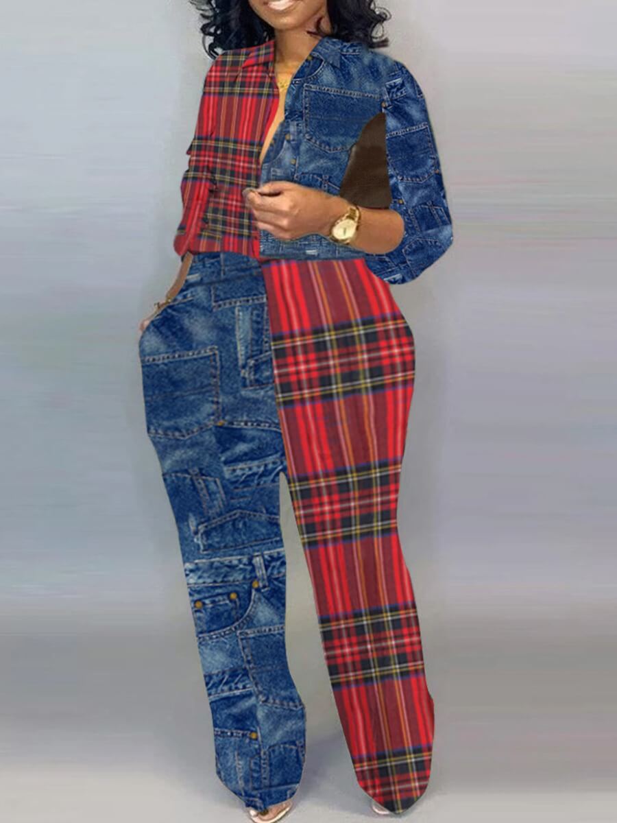 

Lovely Street Plaid Print Patchwork Blue Plus Size One-piece Jumpsuit