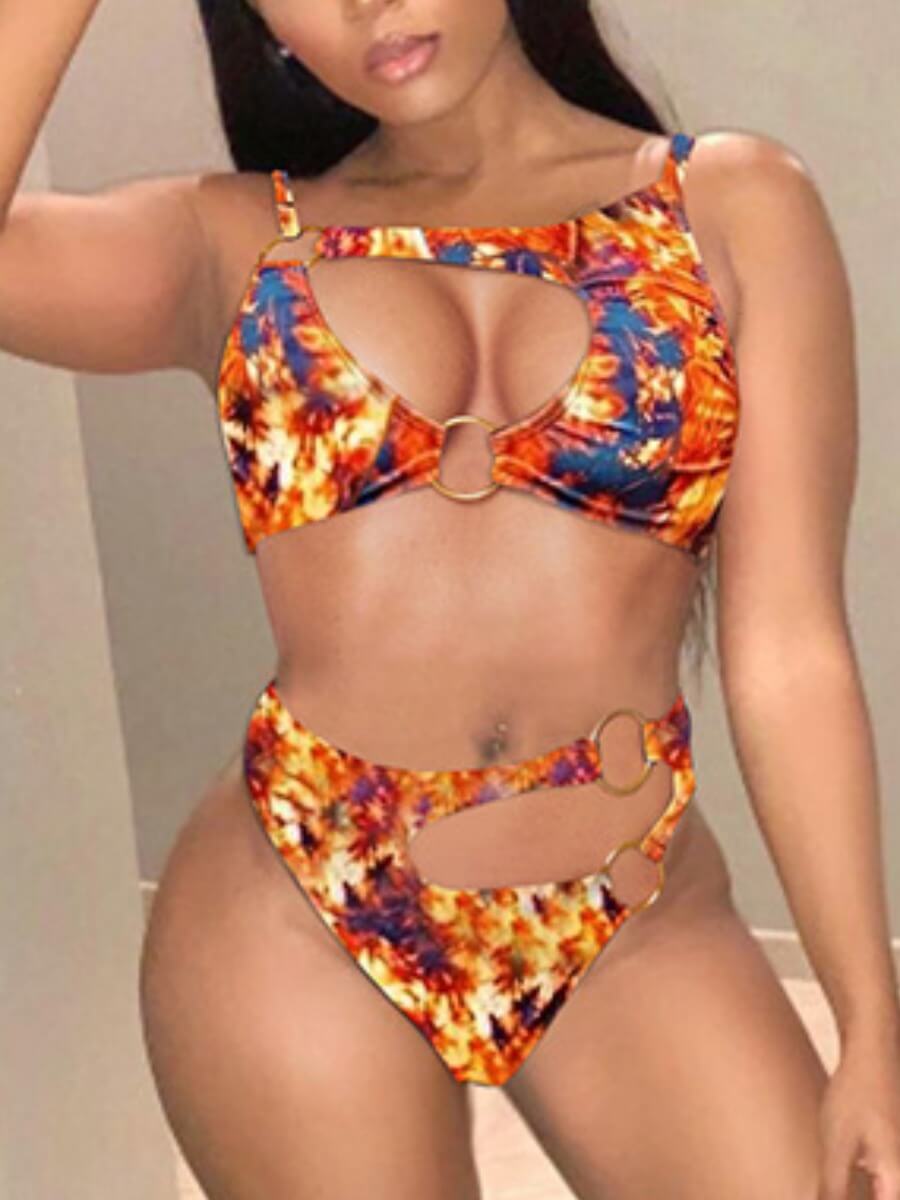 

Lovely Casual Tie-dye Hollow-out Croci Two-piece Swimsuit