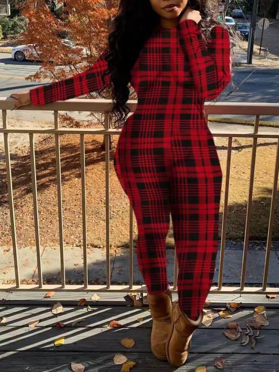

Lovely Trendy Christmas Day Plaid Print Red One-piece Jumpsuit