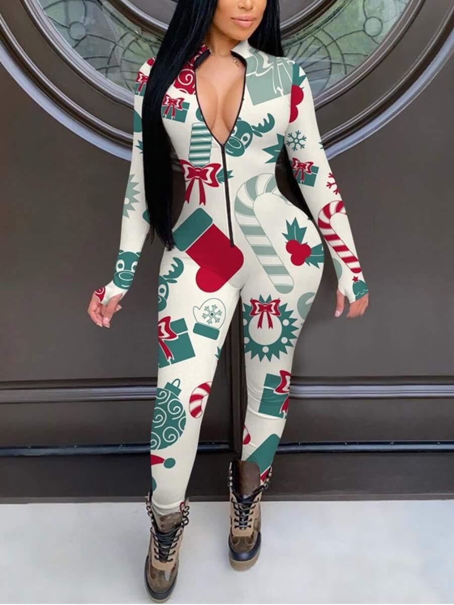 

Lovely Trendy Christmas Day Print Patchwork White One-piece Jumpsuit