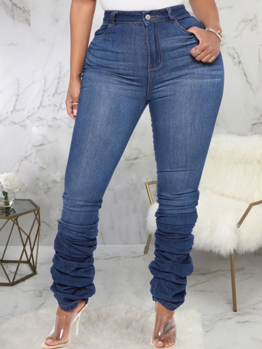 

Lovely Casual High-waisted Fold Design Deep Blue Plus Size Jeans