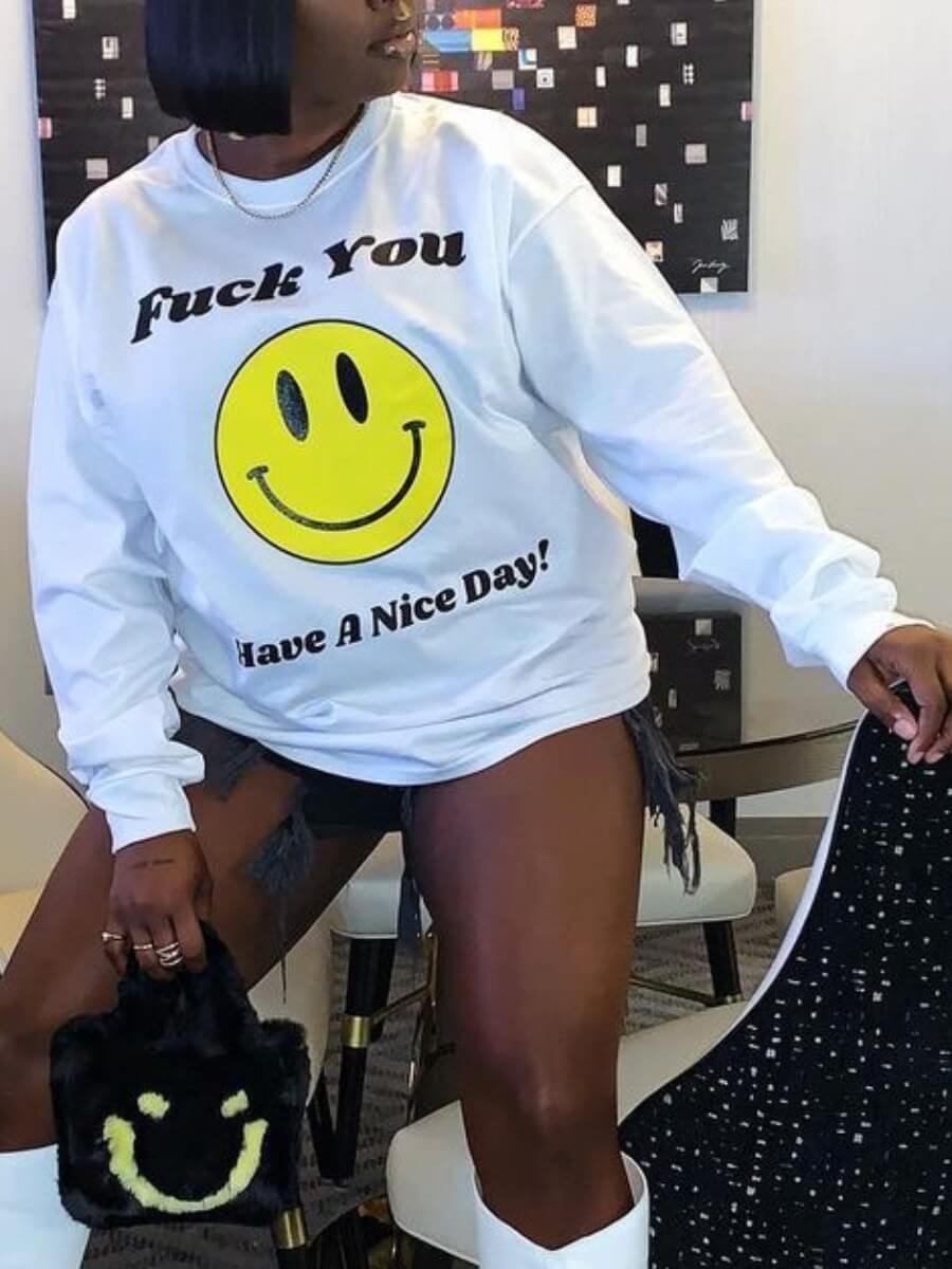 

LW Street Smiley Face Letter Print White T-shirt