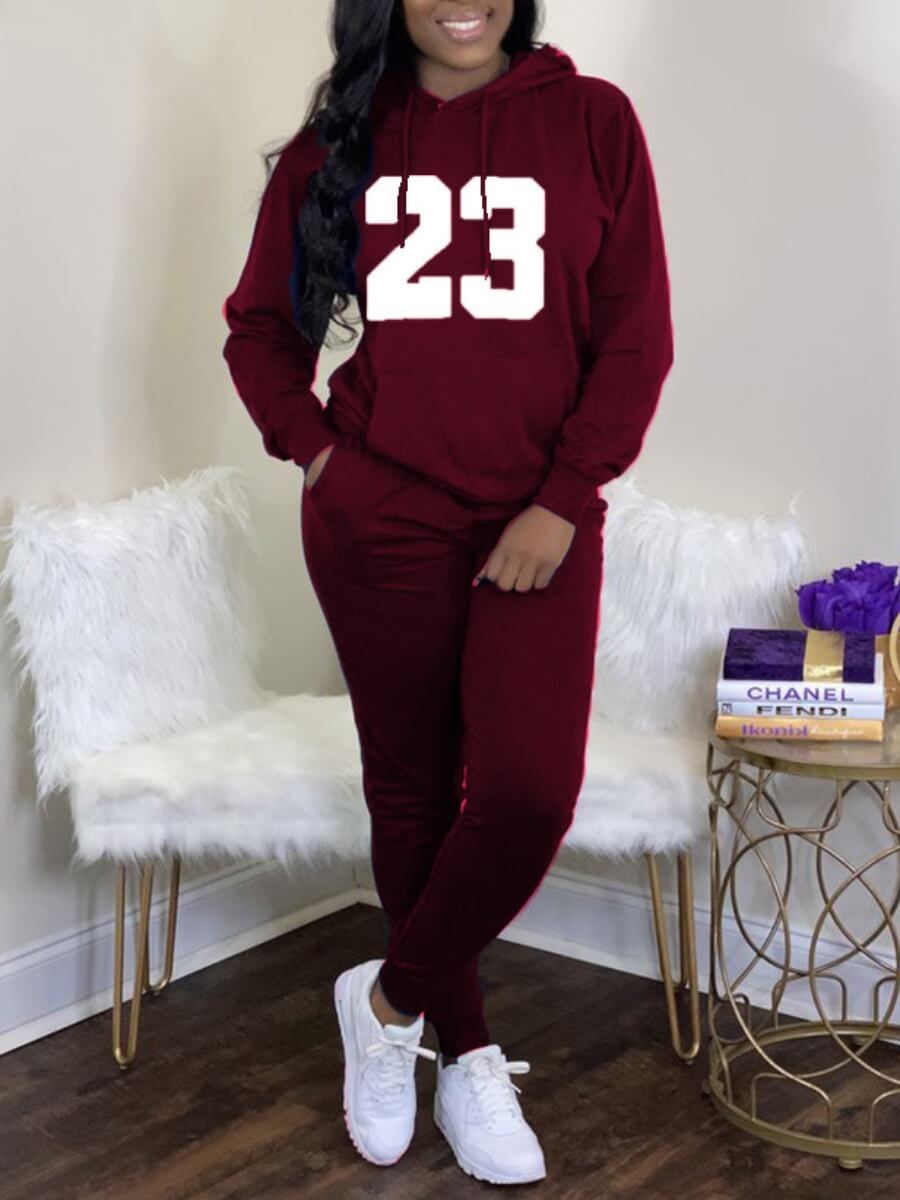 

Lovely Trendy Letter Print Kangaroo Pocket Wine Red Two Piece Pants Set