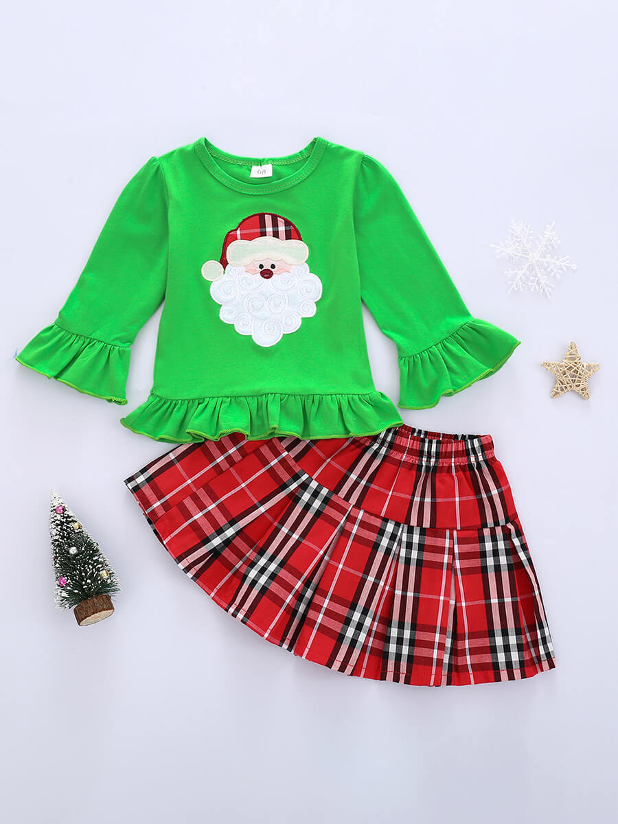 

Lovely Casual O Neck Christmas Elements Print Light Green Girl Two Piece Skirt Set