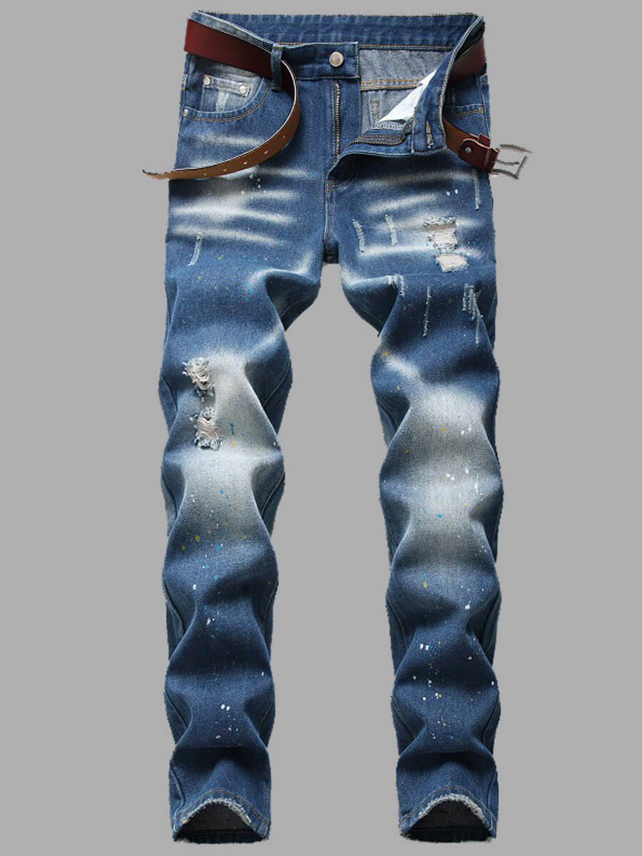 

Lovely Casual Tie-dye Broken Holes Blue Men Jeans