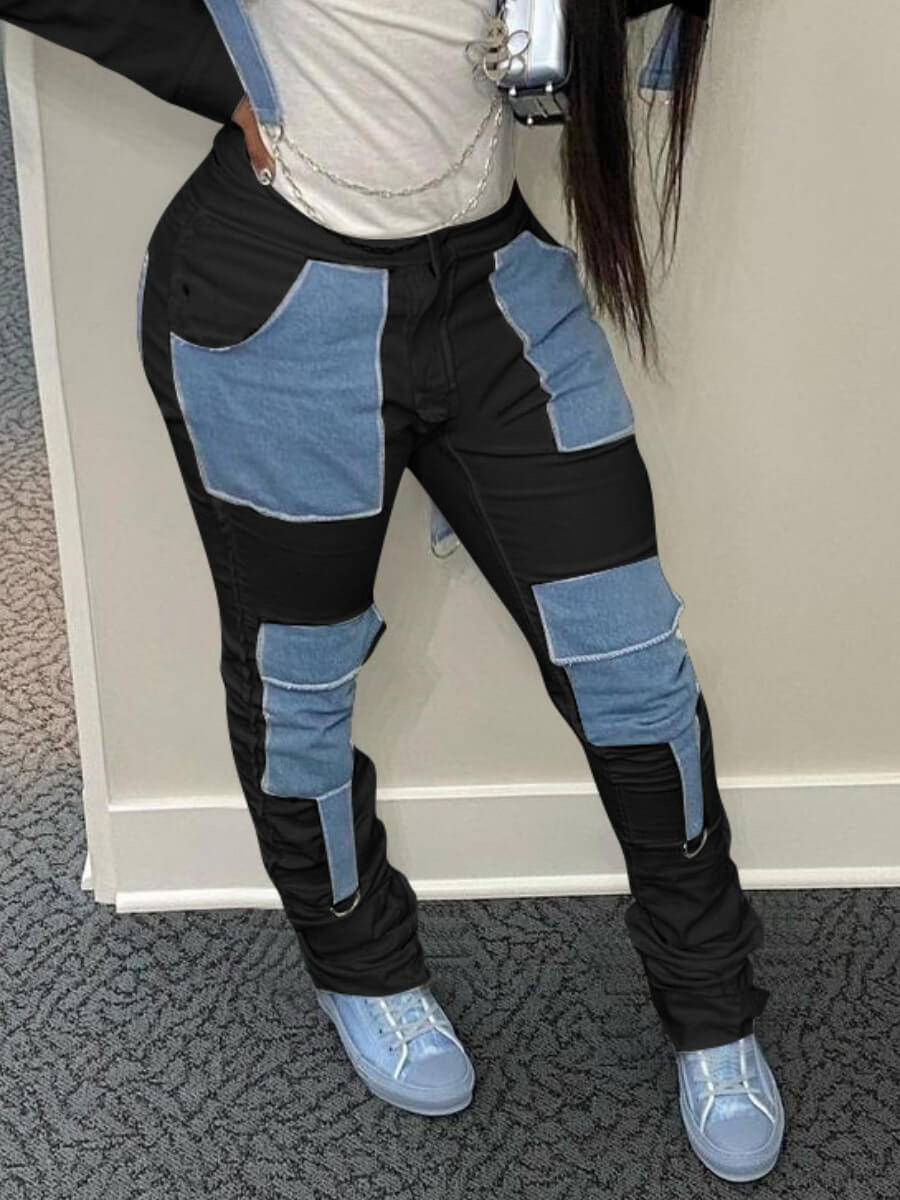 

Lovely Casual Color-lump Fold Design Black Jeans