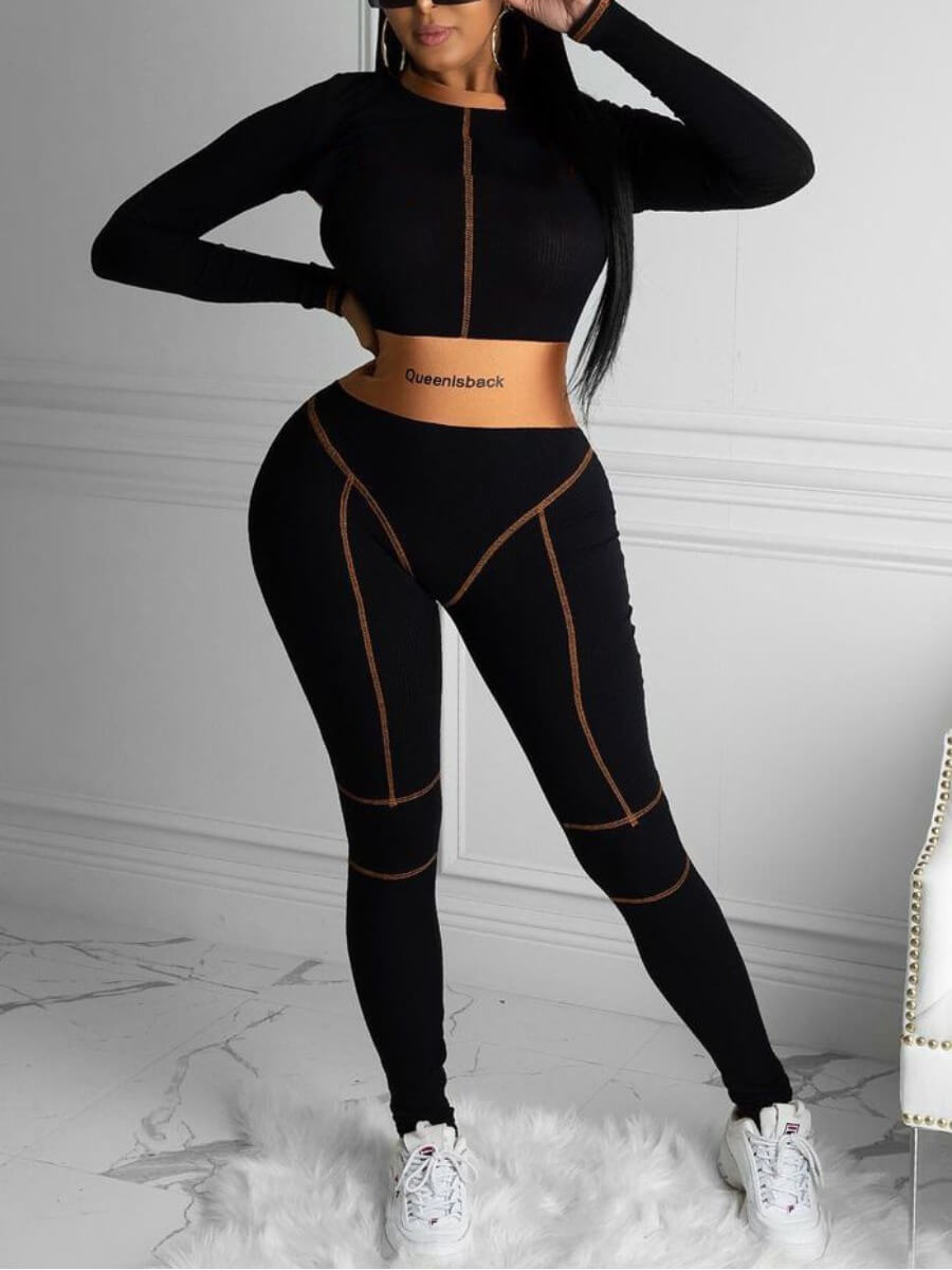 

Lovely Sportswear O Neck Stitching Black One-piece Jumpsuit