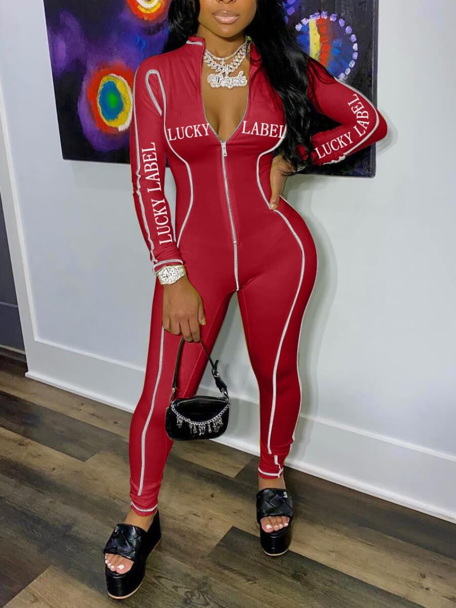 

Lovely Sportswear Mandarin Collar Letter Print Zipper Design Red One-piece Jumpsuit