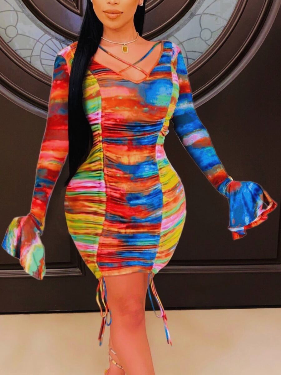 

Lovely Bohemian V Neck Tie-dye Patchwork Blue Mini Dress