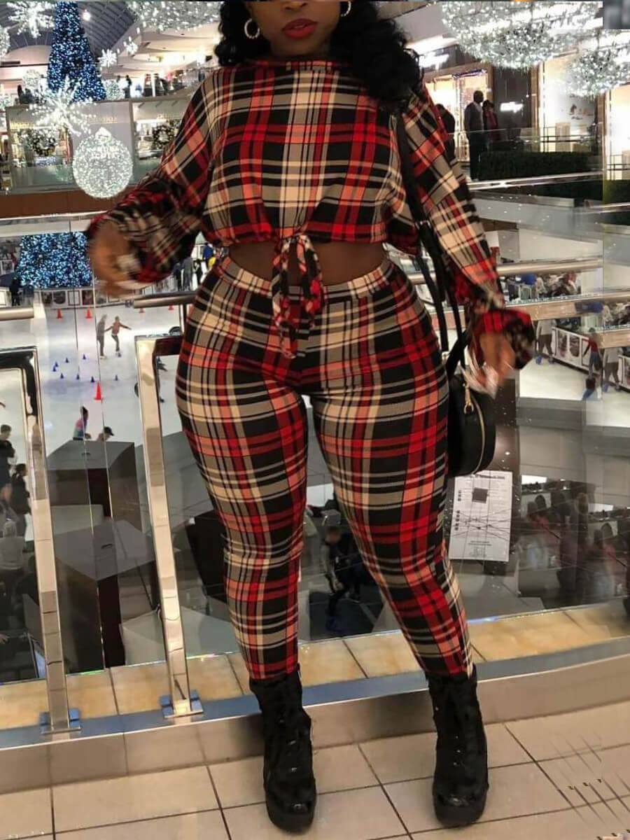 

Lovely Street Plaid Print Patchwork Red Plus Size Two-piece Pants Set