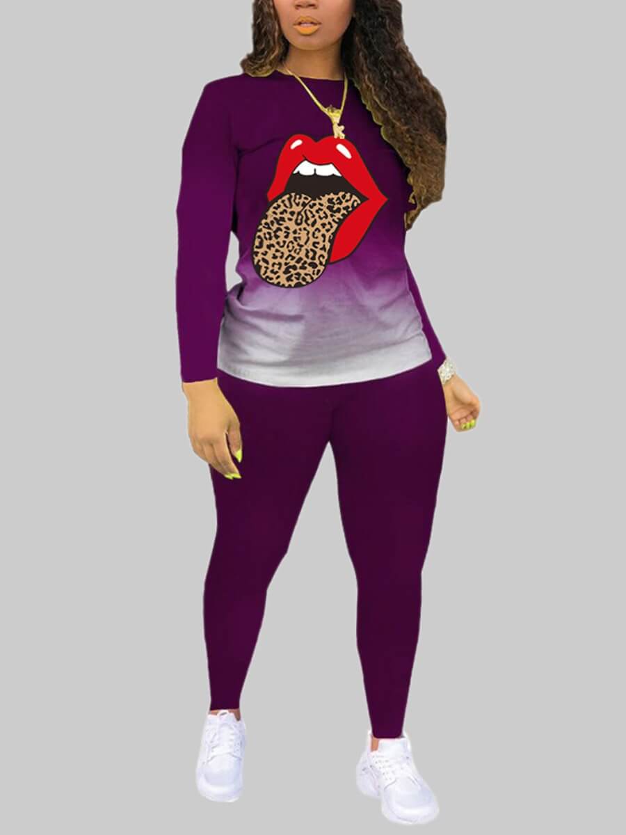 

Lovely Trendy Gradient Leopard Lip Print Violet Plus Size Two-piece Pants Set
