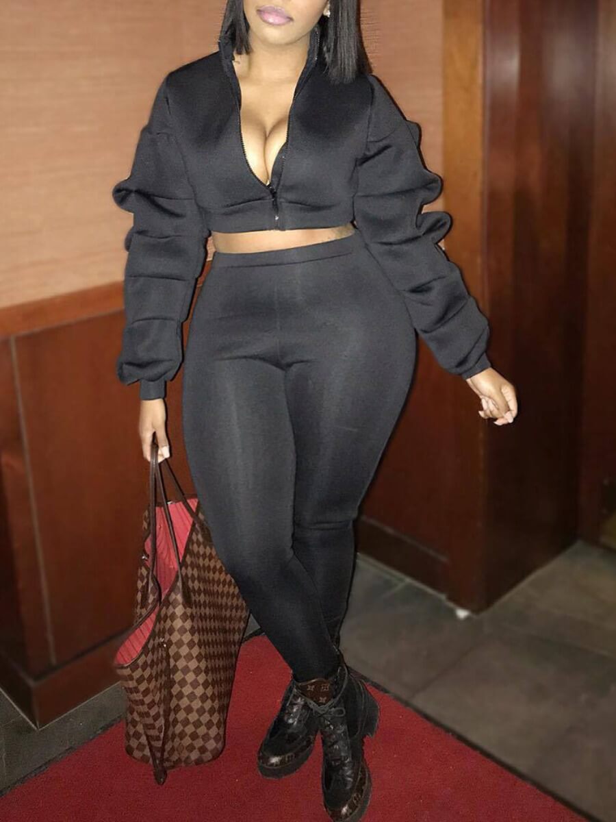 

Lovely Trendy Zipper Fold Design Black Plus Size Two-piece Pants Set