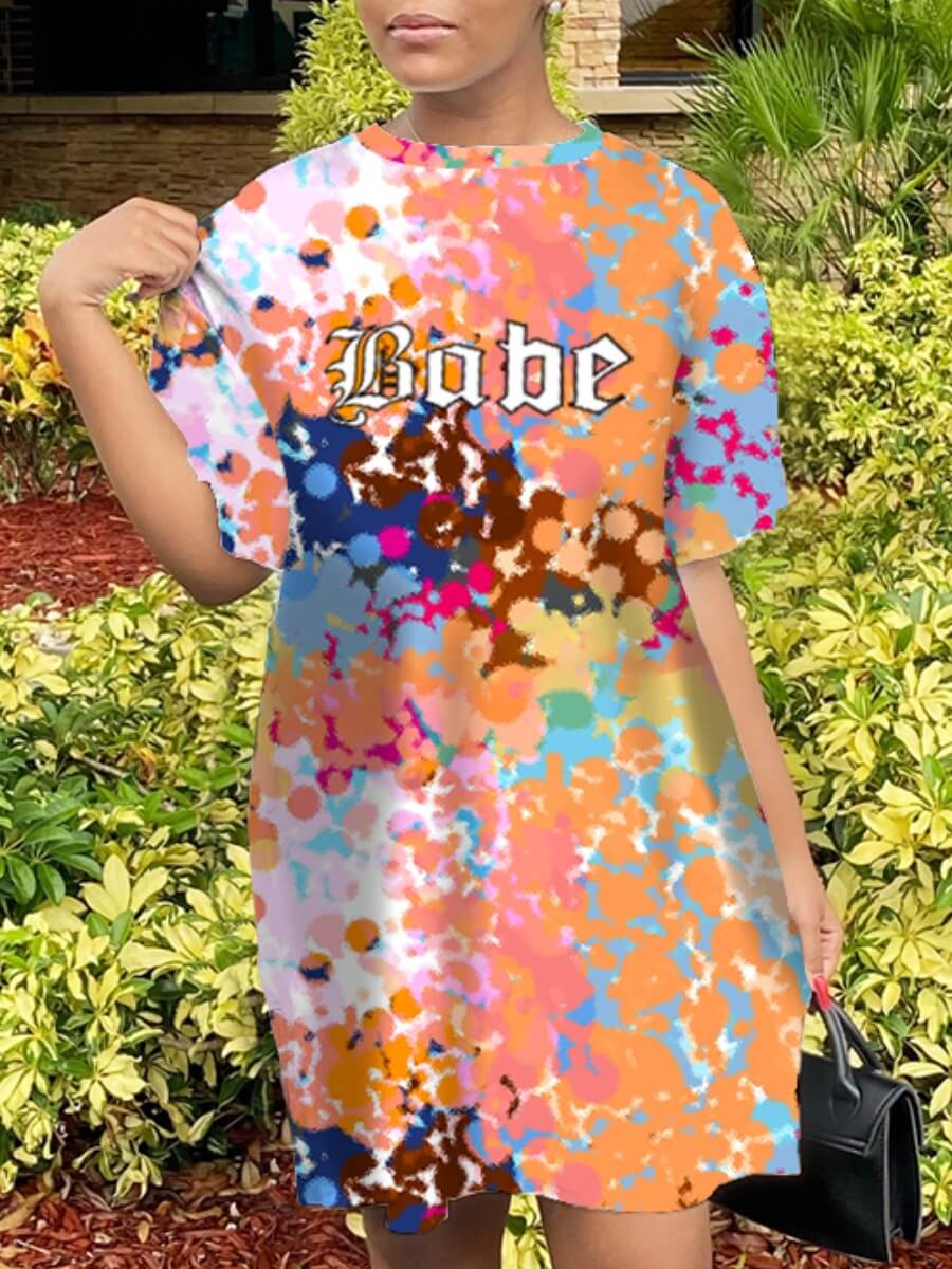 

LW Rainbow Dots Casual Letter Print Tie-dye Pink Knee Length Dress