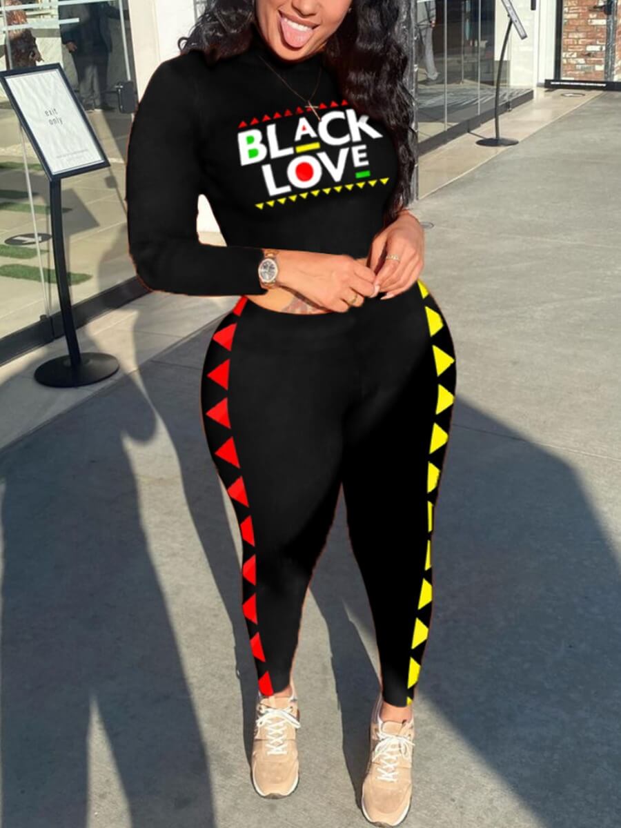 

Lovely Trendy Turtleneck Letter Print Patchwork Black Two Piece Pants Set