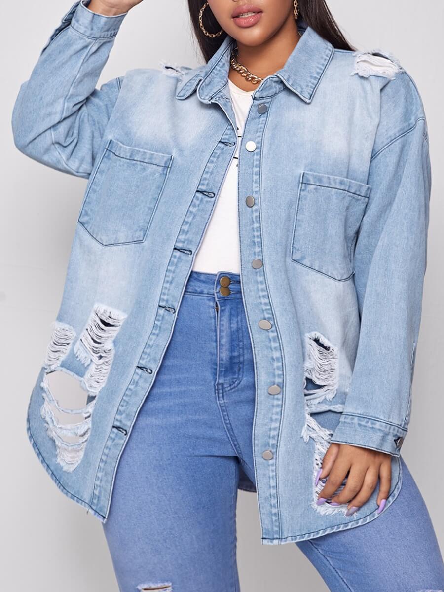 

Lovely Casual Turndown Collar Ripped Baby Blue Plus Size Denim Coat