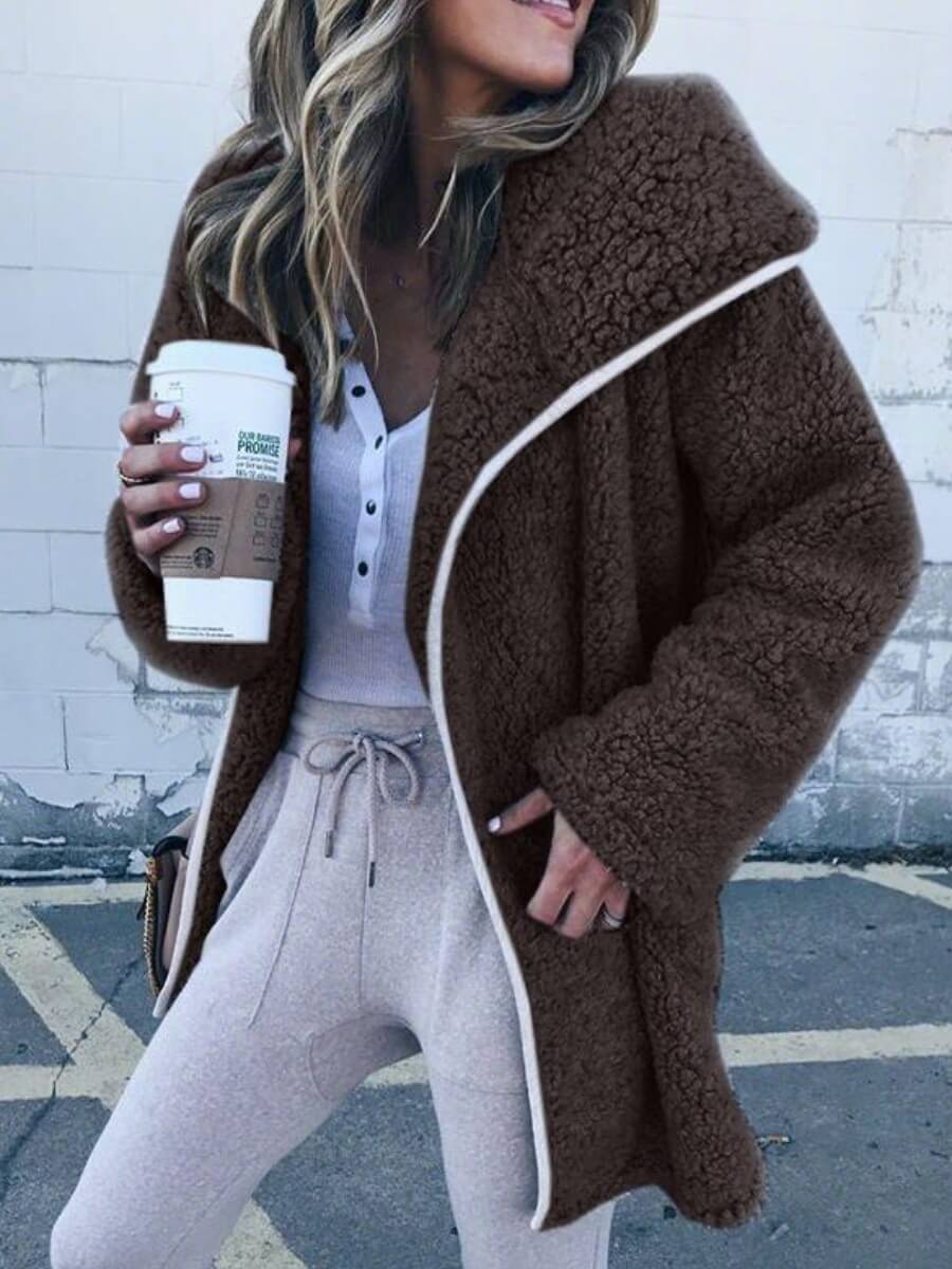 

Lovely Casual Zipper Design Loose Coffee Faux Fur