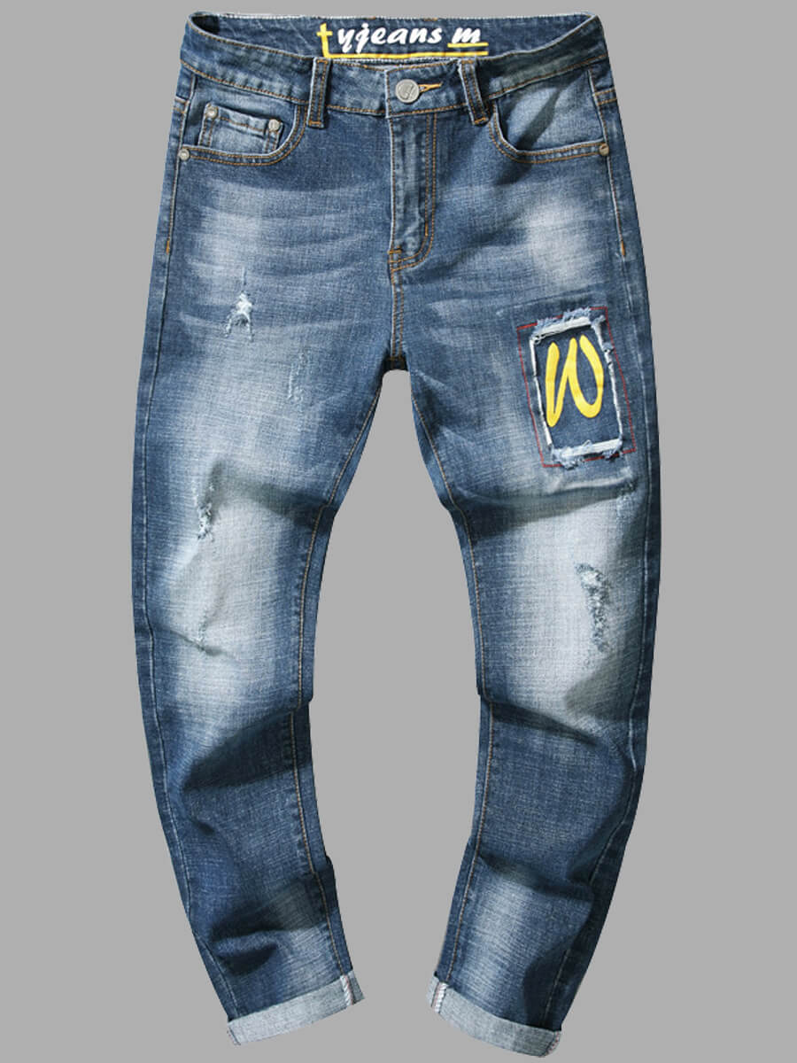 

Lovely Casual Letter Print Broken Holes Blue Men Jeans