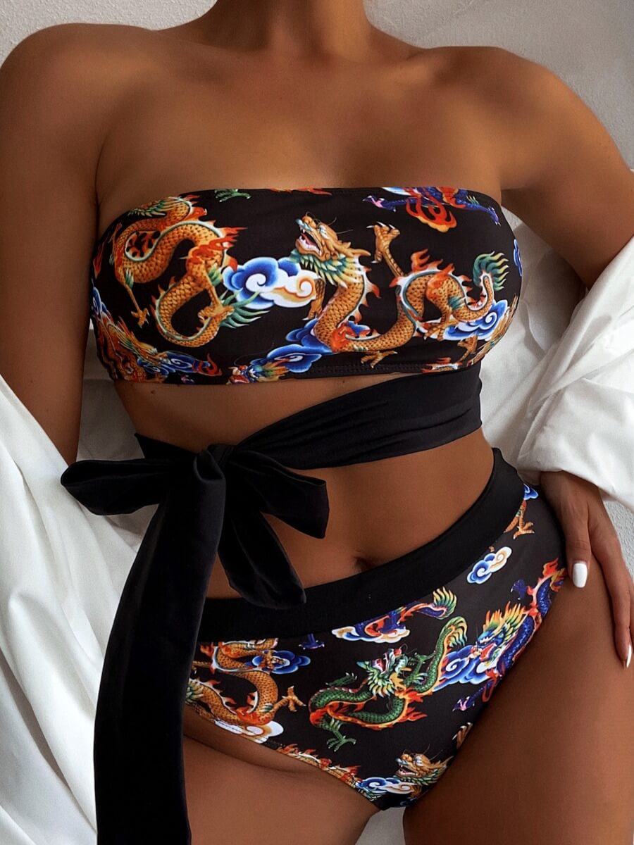 

Lovely Chic Dragon Print Bandage Hollow-out Design Black Tankini