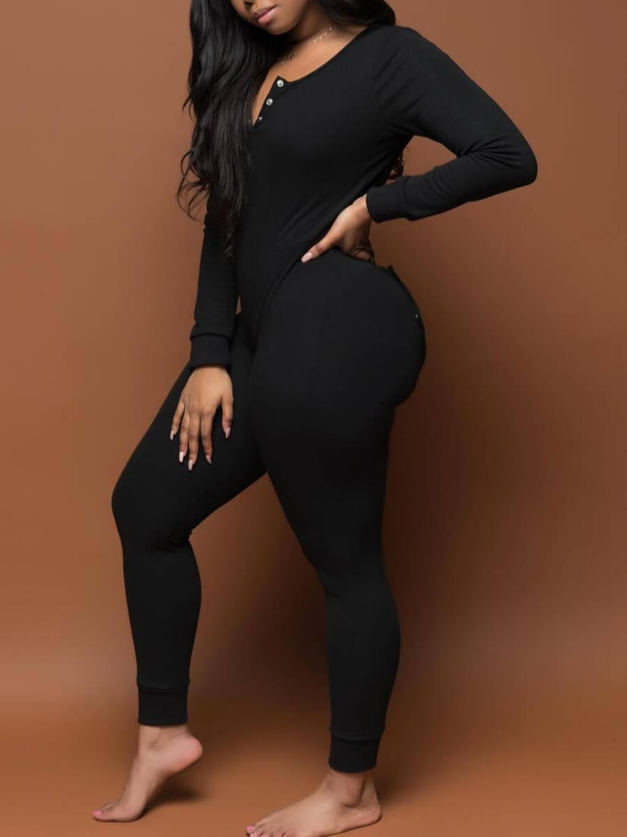 

Lovely Home Style Button Design Skinny Black Sleepwear