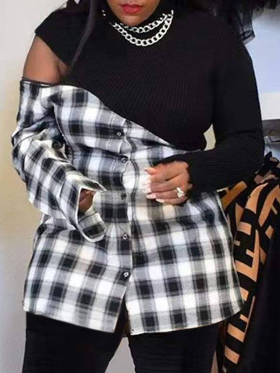 

Lovely Trendy Plaid Print Hollow-out Black Blouse