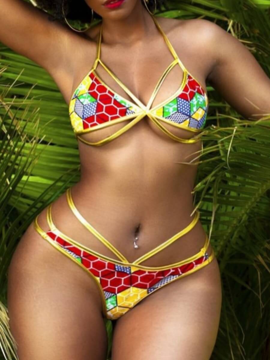 

Lovely Sexy Geometric Print Hollow-out Red Two-piece Swimsuit