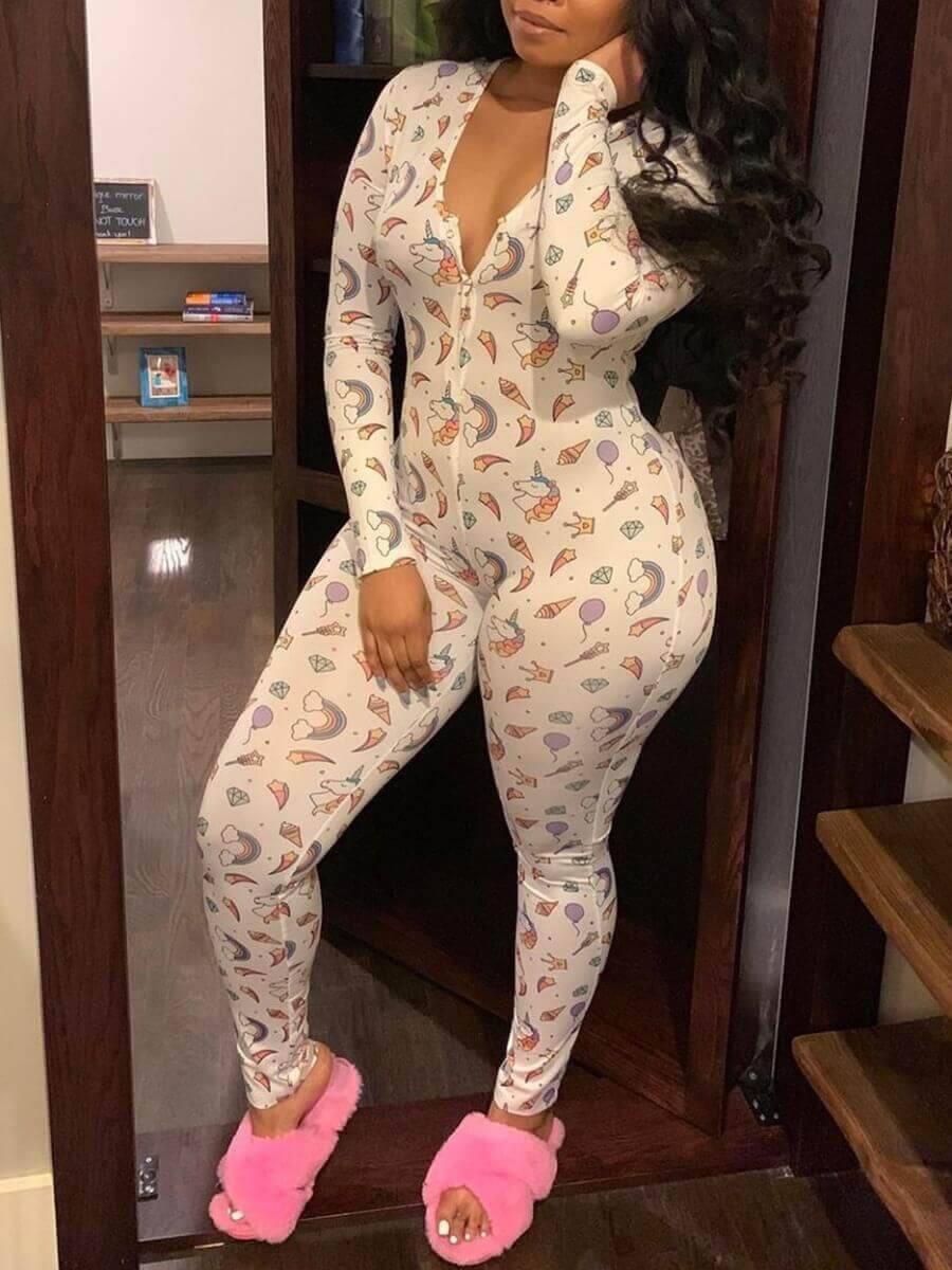 

Lovely Casual V Neck Print Button Design White One-piece Jumpsuit
