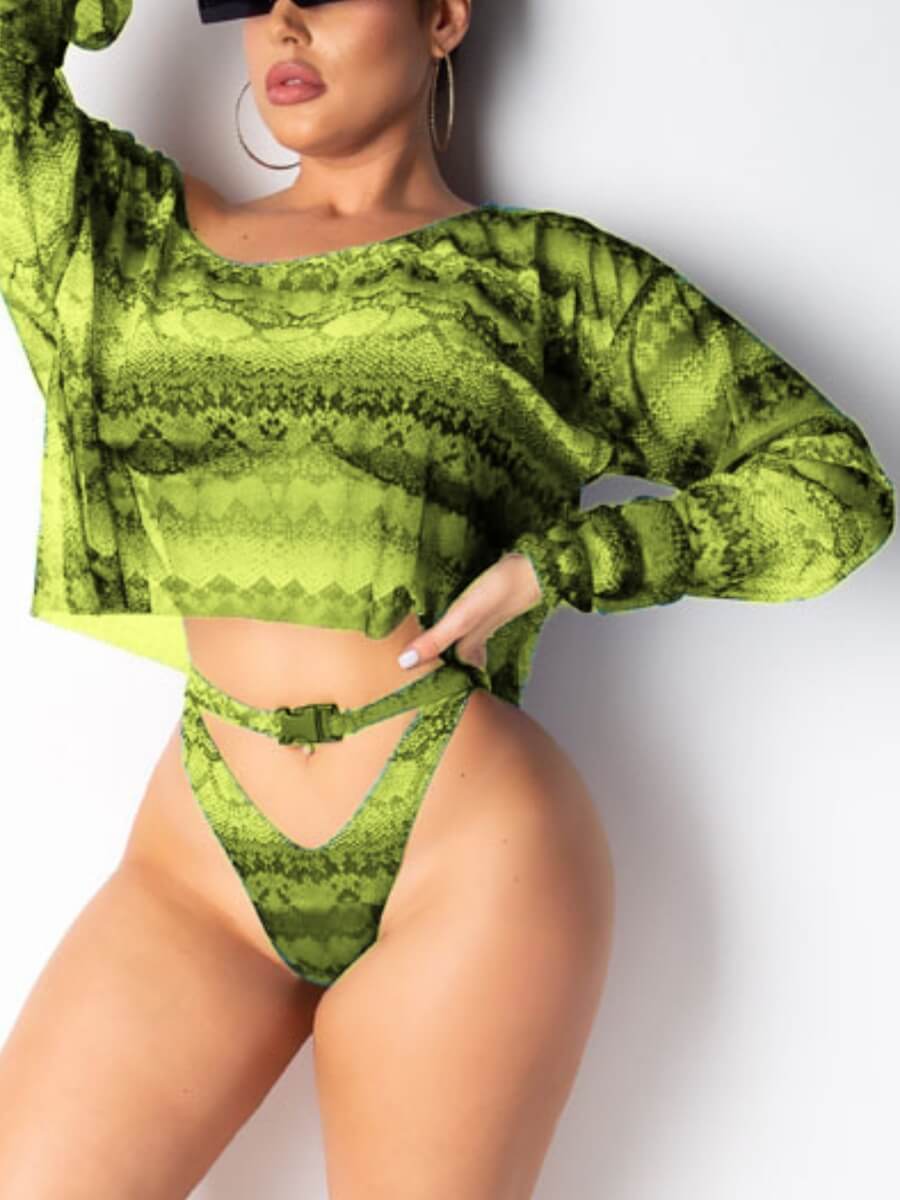 

Lovely Sexy Cobra Print Hollow-out Green Tankini