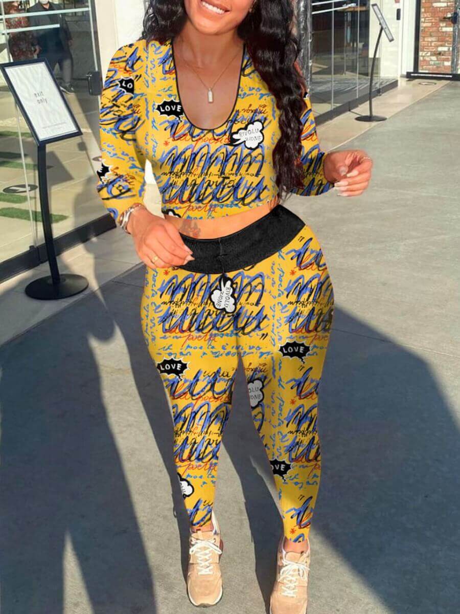 

Lovely Graffiti Series Street U Neck Graffiti Print Yellow Two Piece Pants Set(No-positioning Printing