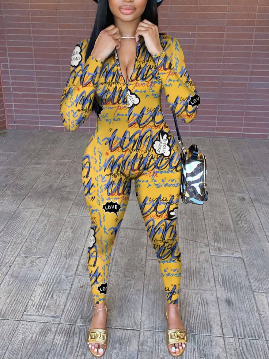 

Lovely Stylish V Neck Graffiti Print Yellow One-piece Jumpsuit