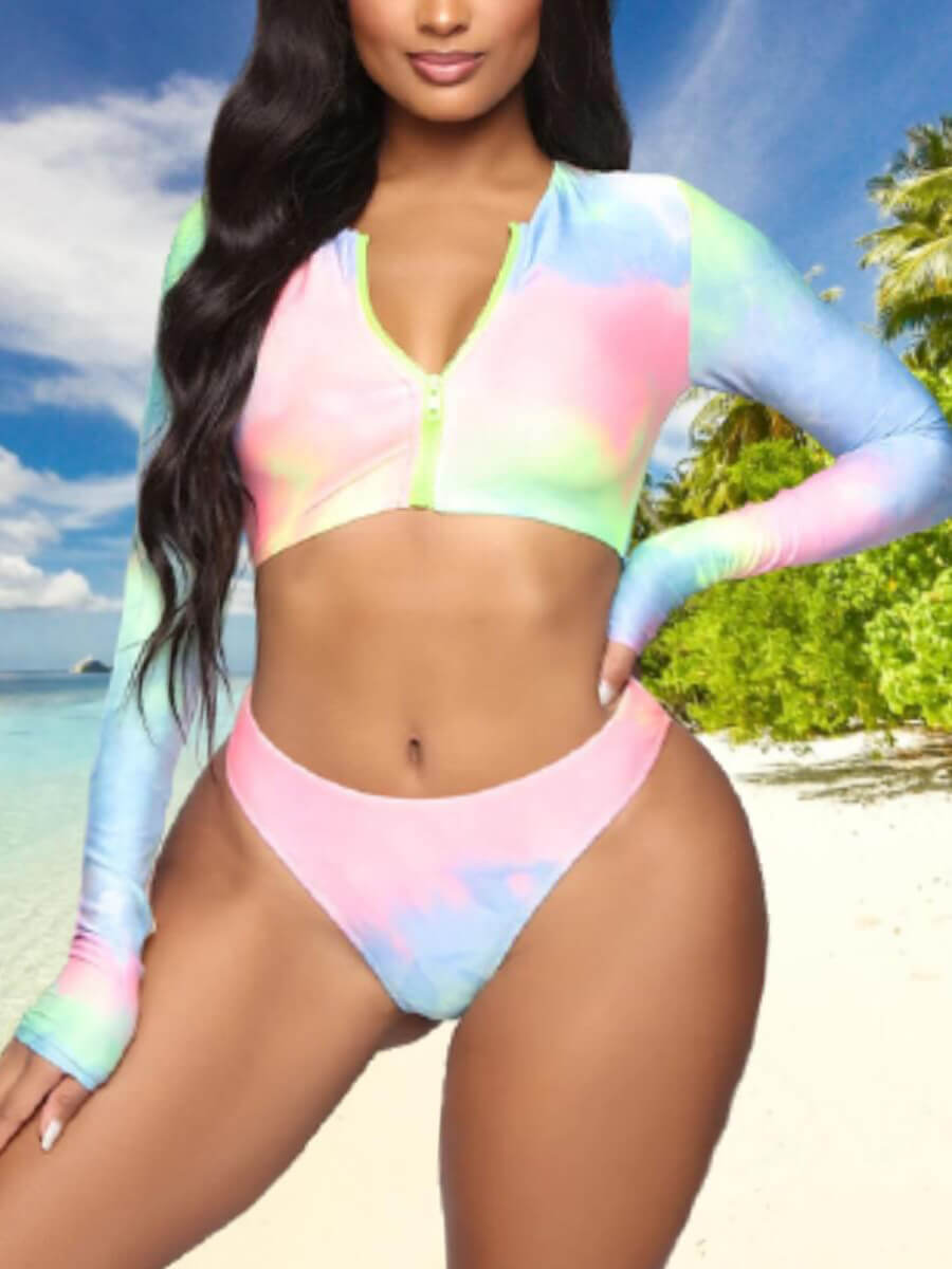 

Lovely Casual Tie-dye Zipper Design Blue Plus SizeTankini