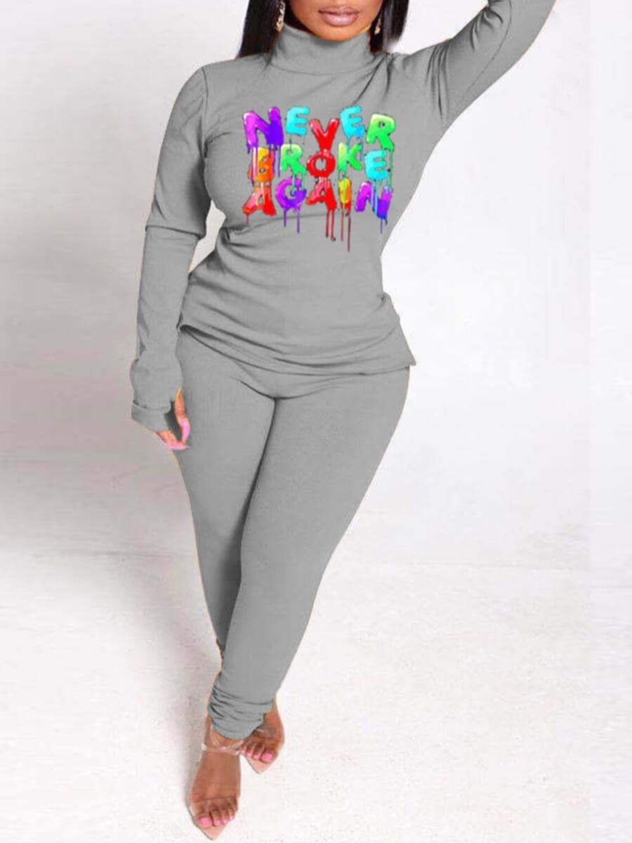 

Lovely Trendy Turtleneck Letter Print Side Slit Grey Two Piece Pants Set