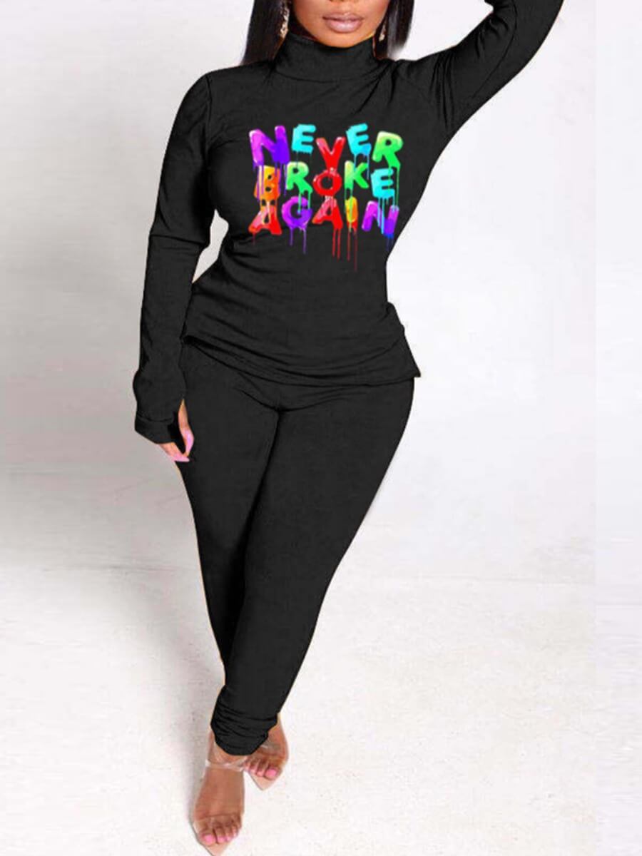 

Lovely Trendy Turtleneck Letter Print Side Slit Black Two Piece Pants Set