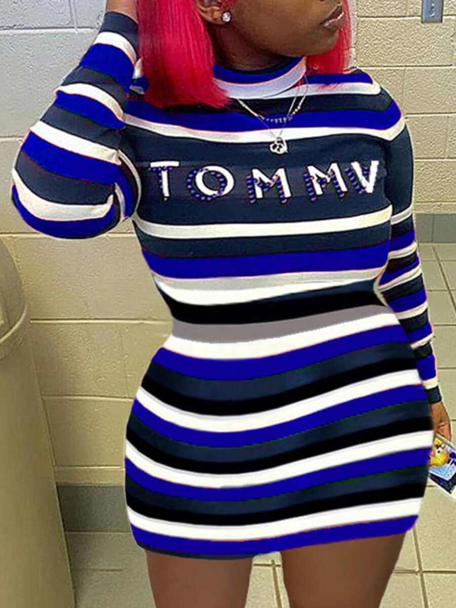

Lovely Plus Size Trendy Letter Print Striped Blue Mini Dress